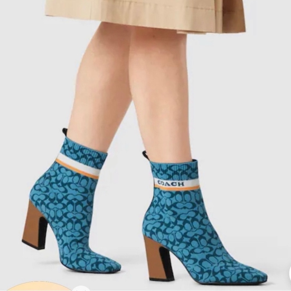 COACH Blue Signature Sock Boots with Orange Stripe
